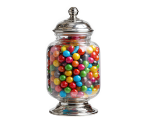 Colorful candy jar, glass container with metal lid, filled with assorted round sweets, isolated on transparency background, evokes nostalgia and cheerful mood