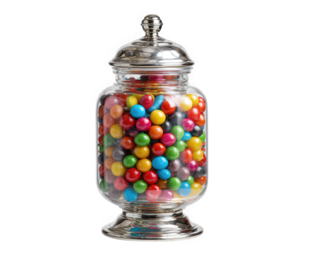 Colorful candy jar, glass container with metal lid, filled with assorted round sweets, isolated on transparency background, evokes nostalgia and cheerful mood