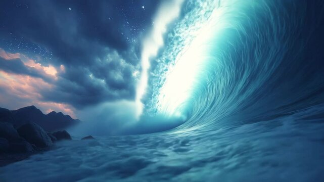 Giant wave tsunami animation ,massive wave motion underwater disturbances ,Dark sea pulling back before a giant wave forms, seabed exposed under dramatic sky 