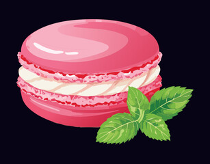 Pink Macaron Mint Leaf Garnish - Vector Illustration