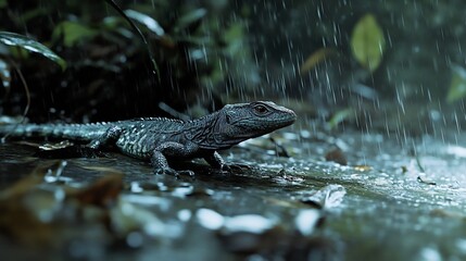 Obraz premium A dark lizard in a rainforest during a heavy rain.