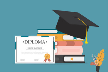 Graduate college, high school or university diploma and cap. Black degree ceremony hat, textbooks and paper certificate. Mortarboard, graduation hat. Education concept