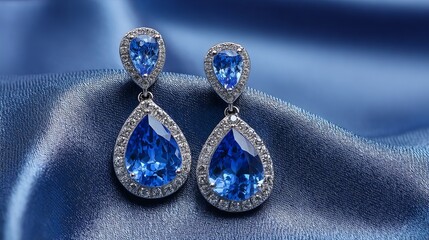Elegant platinum earrings with blue sapphire on luxurious satin background