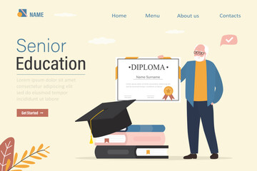 Senior education, landing page template. Old man learning online with books. Older person study for new job. Additional studying. Grandfather holds diploma or certificate.