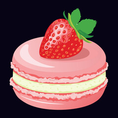 Pink Macaron Strawberry Mint Garnish - Vector Illustration