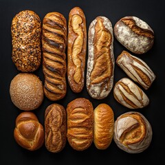 Assorted artisanal breads arranged on a dark background.  Variety of shapes, crusts, and textures.  Includes baguettes, rolls, and loaves.  Food photography