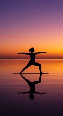 Sunset Warrior Pose Tranquil Serenity Balance Yoga Ocean Warmth
