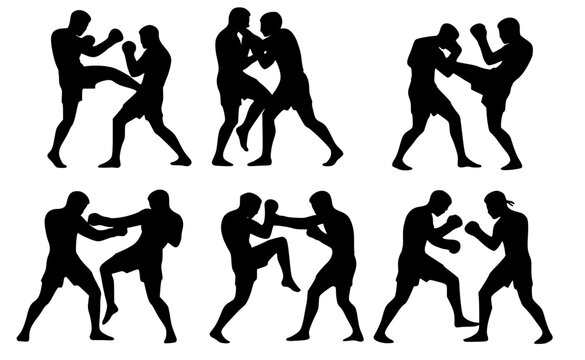 A set of six black silhouettes depicting male fighters in various dynamic Muay Thai or mixed martial arts or kickboxing poses, showcasing punches, kicks, and defensive stances. 