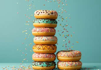 Stacked Donuts with Colorful Sprinkles and Falling Confetti on Teal Background