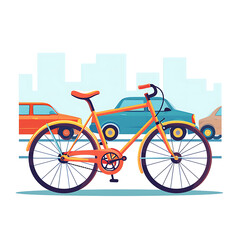 Stylish orange bicycle parked beside colorful cars in a bustling cityscape
