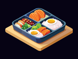 Blue Bento Box Healthy Lunch Selection - Vector Illustration
