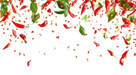 Red chili peppers and leaves scattered on white background