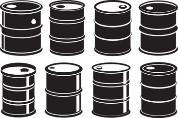 set of metal oil barrel silhouette, black and white silhouette, vector and illustration