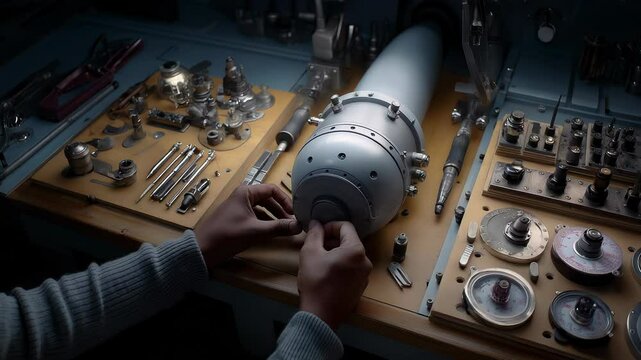 Detailed assembly process of a projectile with precision tools in a workshop setting