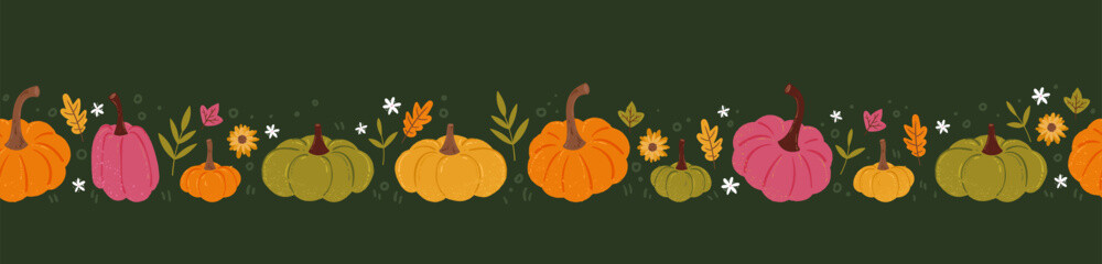 Lovely hand drawn pumpkin seamless pattern with pumpkins and autumn decoration, great for textiles, table cloth, wrapping, banners, wallpapers - vector design