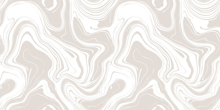 Vector seamless pattern with fluid organic shapes, liquid lines. Abstract ink stain texture, marble surface. Groovy background with waves, paint, swirl, distorted surface. Subtle beige and white color