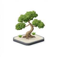 Isometric Pixel Art Bonsai Tree Lush Green Foliage and Twisted Brown Trunk on Beige Square Base