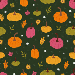 Lovely hand drawn pumpkin seamless pattern with pumpkins and autumn decoration, great for textiles, table cloth, wrapping, banners, wallpapers - vector design