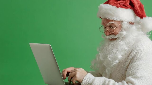 Santa claus using a laptop on a green background for christmas holiday season.