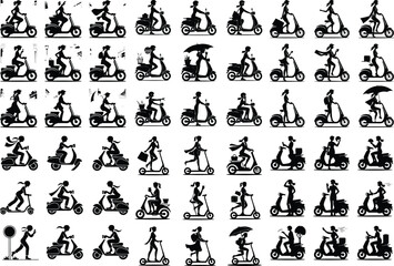 Woman on Scooter Icon Silhouette Set – Trendy Urban Ride Style Scooter Girl Silhouette Collection – Minimal Vector Icons for Modern Life