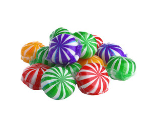 Colorful striped candy sweet treat peppermint hard candy green red purple orange yellow isolated on white cheerful festive group closeup shiny wrapper sugar confection