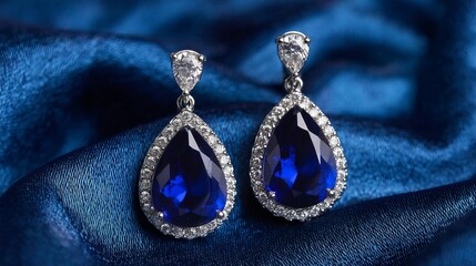 Elegant platinum earrings with blue sapphire on luxurious satin background