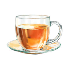 Tea in a transparent mug on a saucer. Watercolor illustration. A glass of hot drink, isolated on a white background. A theme for cafes, cooking, textiles and printing