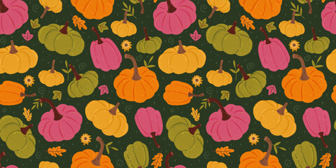 Lovely hand drawn pumpkin seamless pattern with pumpkins and autumn decoration, great for textiles, table cloth, wrapping, banners, wallpapers - vector design