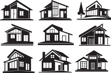 set of mordern house  silhouette, black and white silhouette, vector and illustration