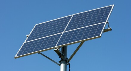 Angled Solar Panel Against a Clear Blue Sky, Generating Clean Energy