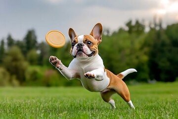 Playful dog catching a frisbee in a lush park action photography outdoor fun vibrant environment ground viewpoint joyful canine adventure