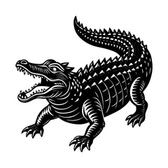 Illustration of a black and white alligator with open mouth, reptile vector design element for print