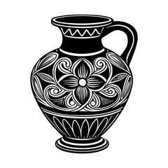 Decorative black and white vintage vase drawing with floral pattern and handle vector illustration
