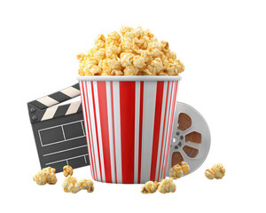 Popcorn bucket movie slate film roll cinema snack entertainment striped joyful popcorn bucket with movie slate and film roll perfect for cinema or home theater snack and entertainment concepts