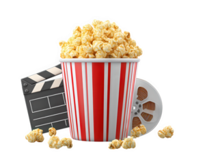 Popcorn bucket movie slate film roll cinema snack entertainment striped joyful popcorn bucket with movie slate and film roll perfect for cinema or home theater snack and entertainment concepts