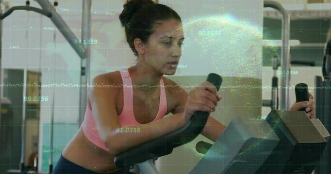 Woman gripping bike handles and starting pedaling while boosting fitness as data overlays updating