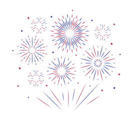 Celebrate Firework in blue red color for Independence Day USA banner poster cover. Happy background white star fire spark illustration sparkle firecracker, abstract holiday simple decoration.