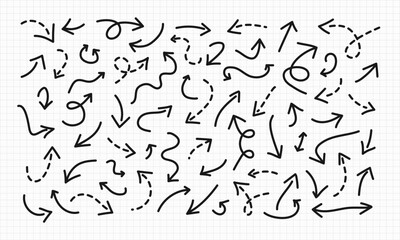 Hand drawn curved doodle Arrows collection on checkered notebook sheet. Short long freehand dotted lines. Editable brush stroke element banner poster infographic. Black various direction orientation