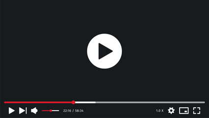 Video player mockup display. Screen Template interface. Social media concept, Website video display. Dark theme.