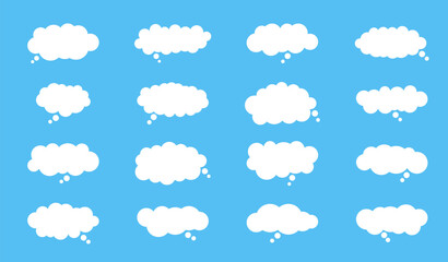 White Cloud Speech Bubble set. Talk fluffy text box. Blank chatting, message border. Empty flat style shapes on blue background.