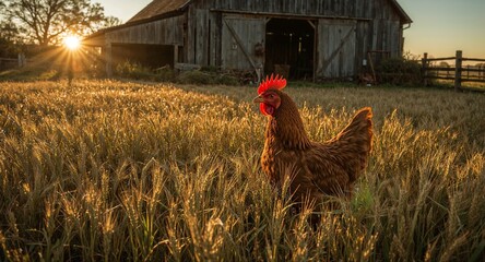 A chicken standing in a field of wheat with a barn and sunset in the background on a farm scene © muhammadarslan