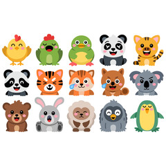 Fototapeta premium Cute Kawaii Animal Faces Cartoon Vector Head Pack