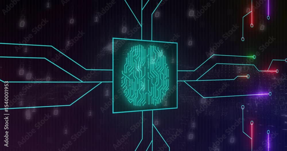 Poster Binary digits initiating cyan square spawning neon circuit traces, forming pulsing brain pattern