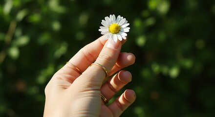Delicate Daisy Held in Hand Against Lush Green Background