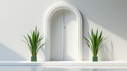 Modern minimalist white arch doorway with plants