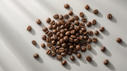 A scattered pile of roasted coffee beans on a white surface with soft shadows and bright lighting