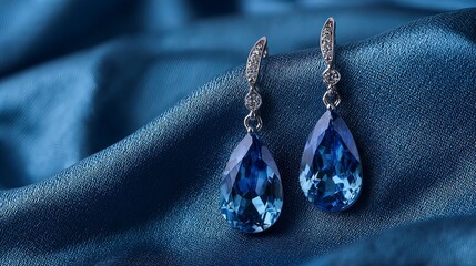 Elegant platinum earrings with blue sapphire on luxurious satin background