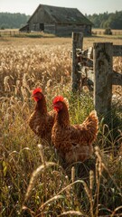 Two brown chickens standing in tall grass near a weathered barn on a sunny day in the countryside © muhammadarslan