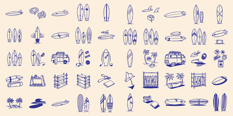Hand Drawn Summer Surfboard and Tropical Beach Icon Set – Vector Doodle Style Ocean Elements, Van, Boards, Palms, and Vacation Accessories Collection

