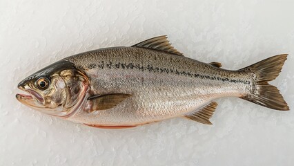 A fresh silvery fish lying on a bed of ice with its mouth slightly open and a dark stripe on its side